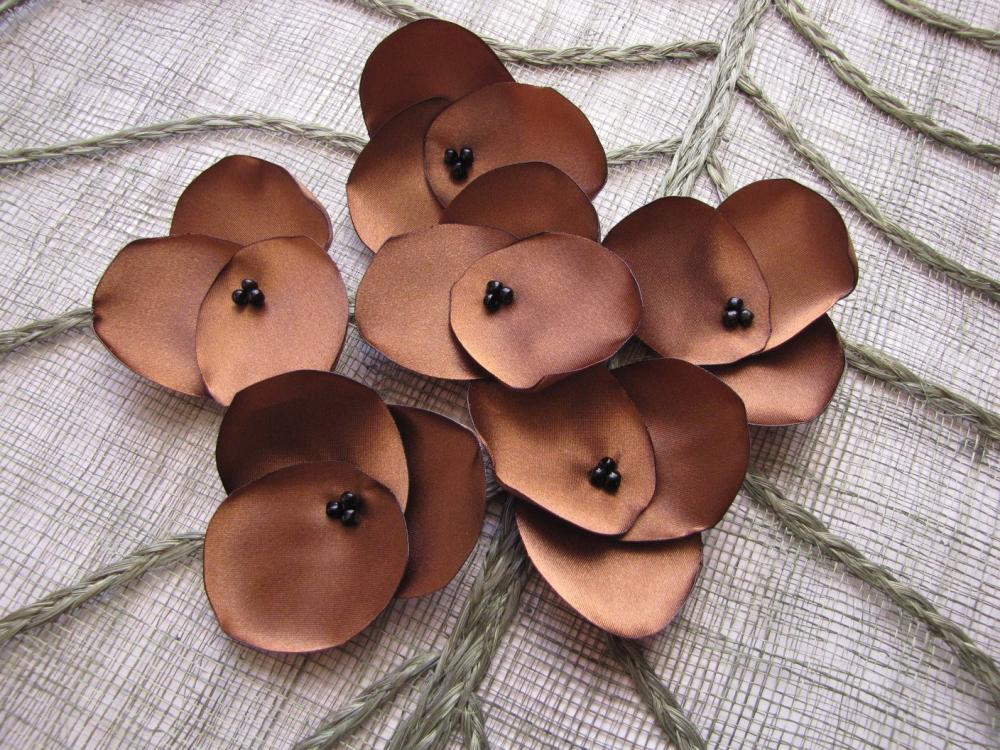 Hydrangea Blossoms-Handmade satin sew on flower appliques (10 pcs)- MOCHA BROWN