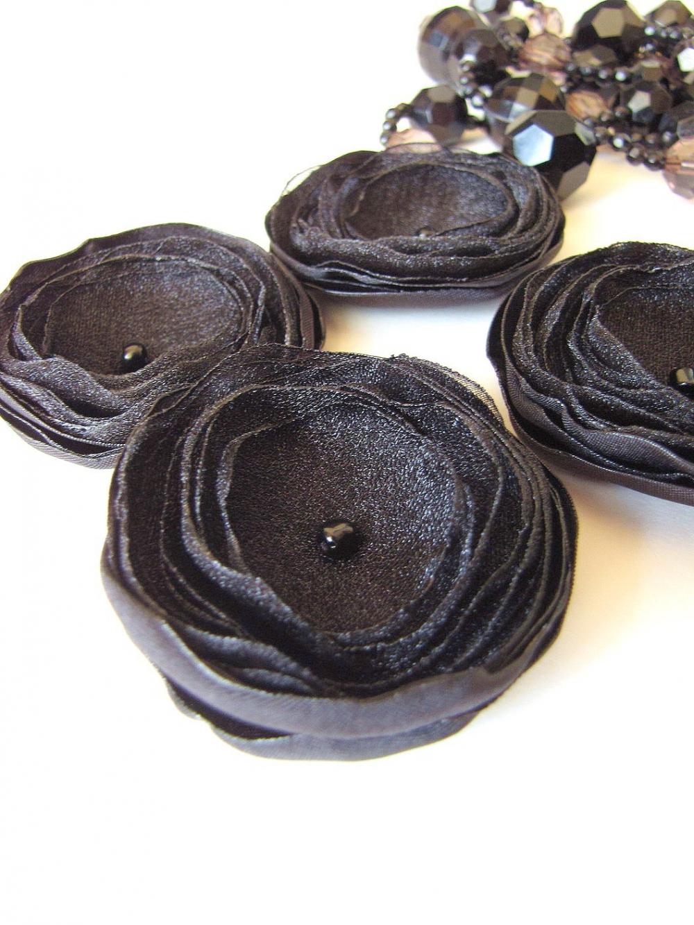 Tiny and Thick...Handmade organza satin sew on flower appliques (4pcs)- SHIMMERY BLACK