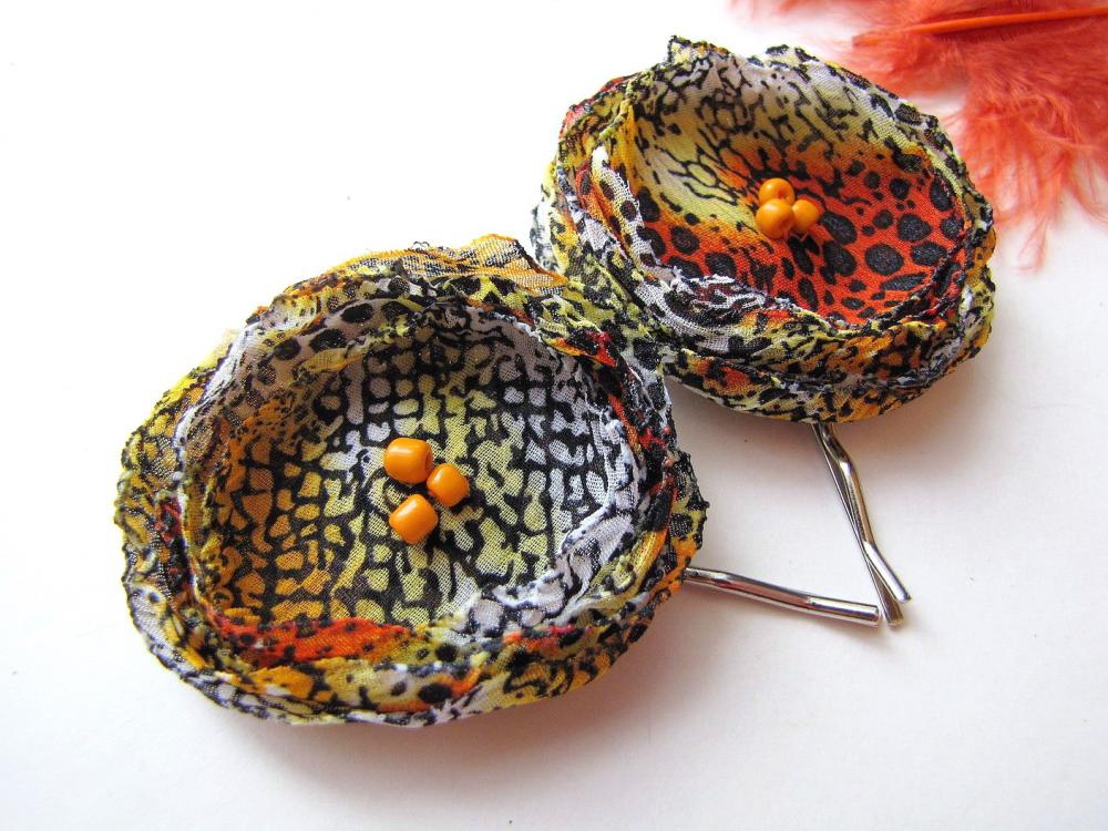 Handmade bobby pins with chiffon flowers (2 pcs) - ORANGE RATTLESNAKE